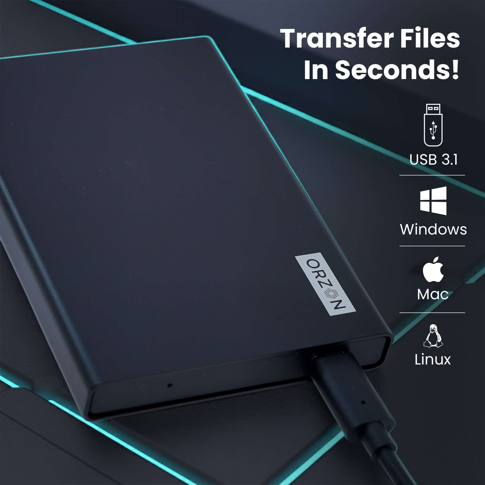 ORZON® Secure Touch 320GB Portable External Hard Drive – USB 3.1 (Up to 10Gbps), Slim, Shock‑Resistant HDD with Type‑C Cable & OTG Adapter thumbnail 3