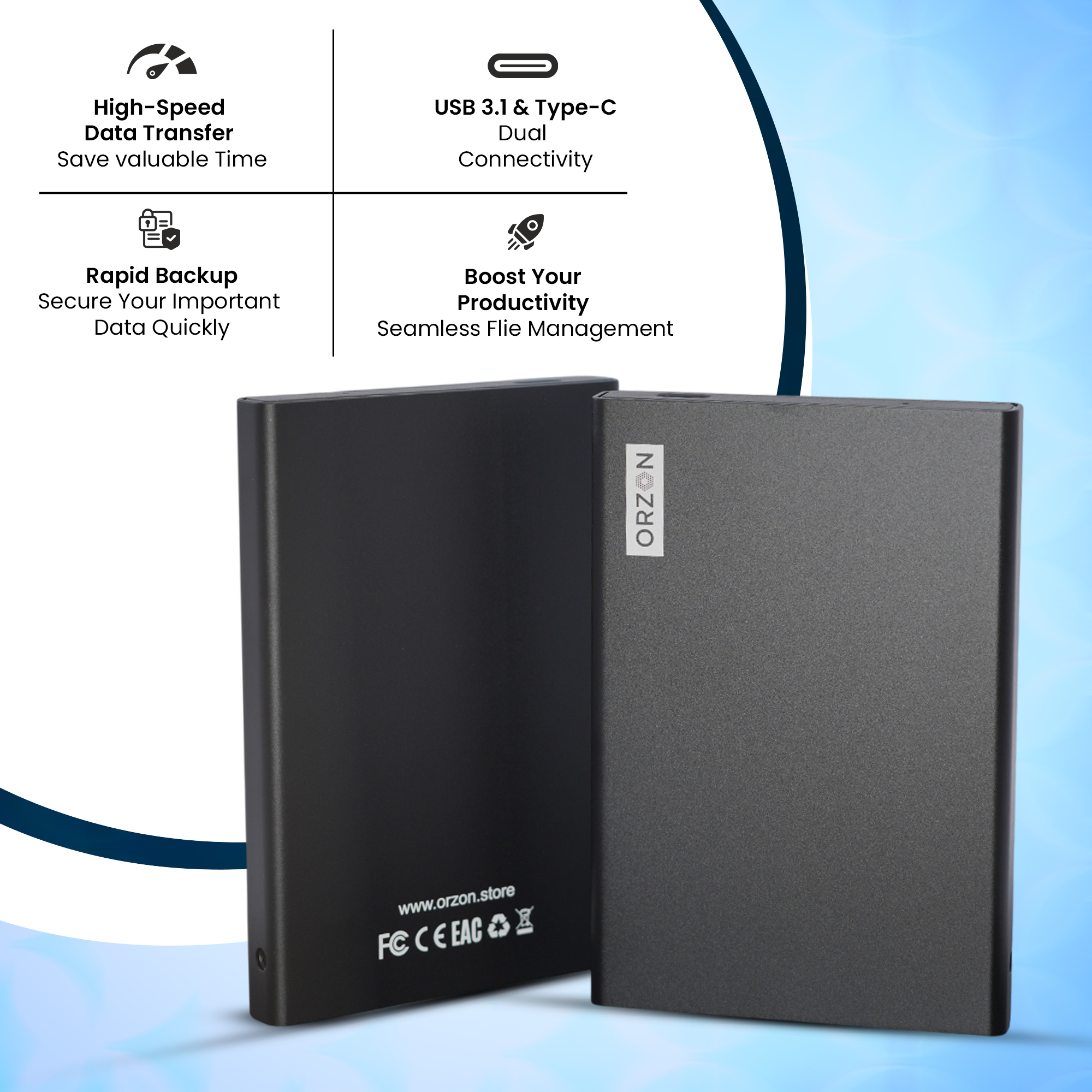 ORZON® Secure Touch 512GB Portable External Hard Drive – USB 3.1 (Up to 10Gbps), Slim, Shock‑Resistant HDD with Type‑C Cable & OTG Adapter - ORZON Secure Touch 512GB Portable External Hard Drive